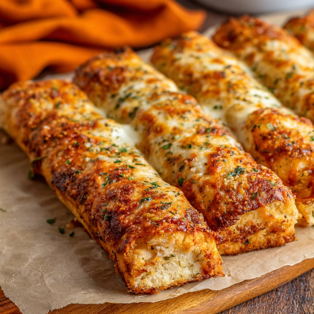 Cheesy garlic breadsticks with a close-up view of the bubbly, golden-brown baked cheese topping.