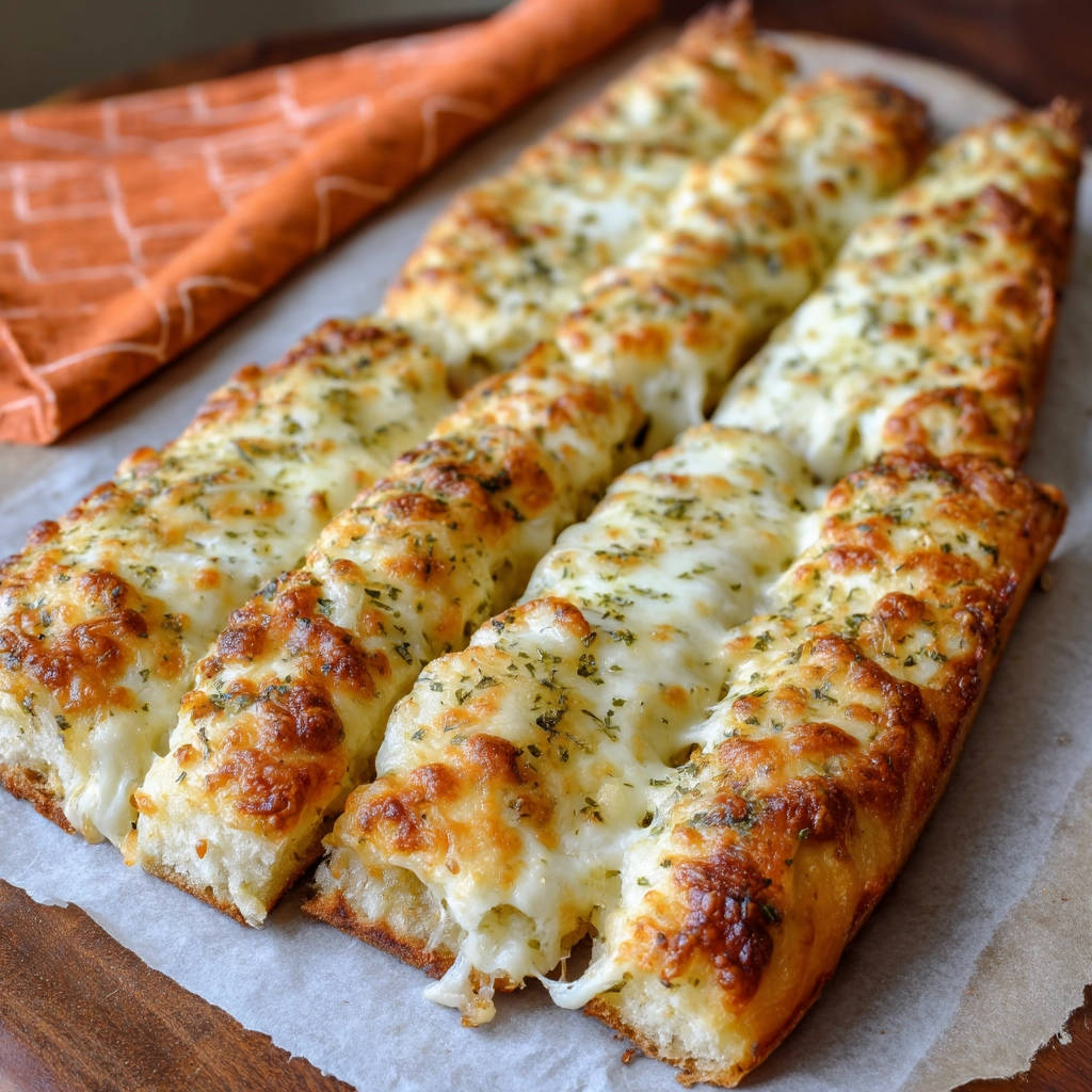 Cheesy garlic breadsticks with a golden-brown topping and visible herbs, arranged in rows.