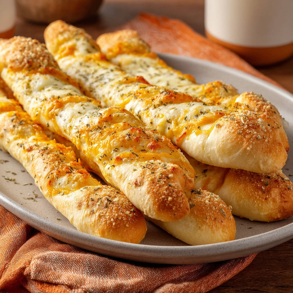 Cheesy garlic breadsticks with a golden-brown topping of melted cheese and herbs on a light grey platter.