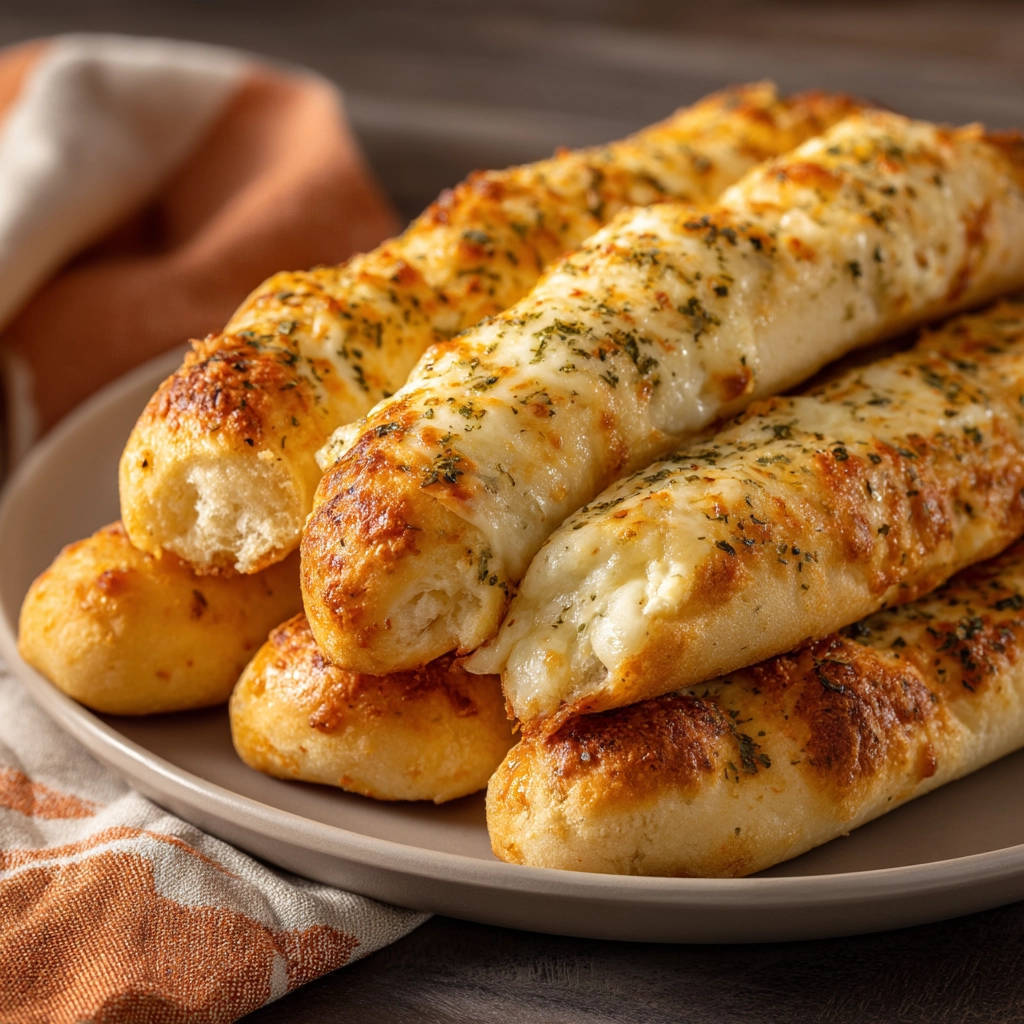 Cheesy garlic breadsticks stacked on a plate, featuring a close-up view of their golden-brown crust and melted cheese topping.