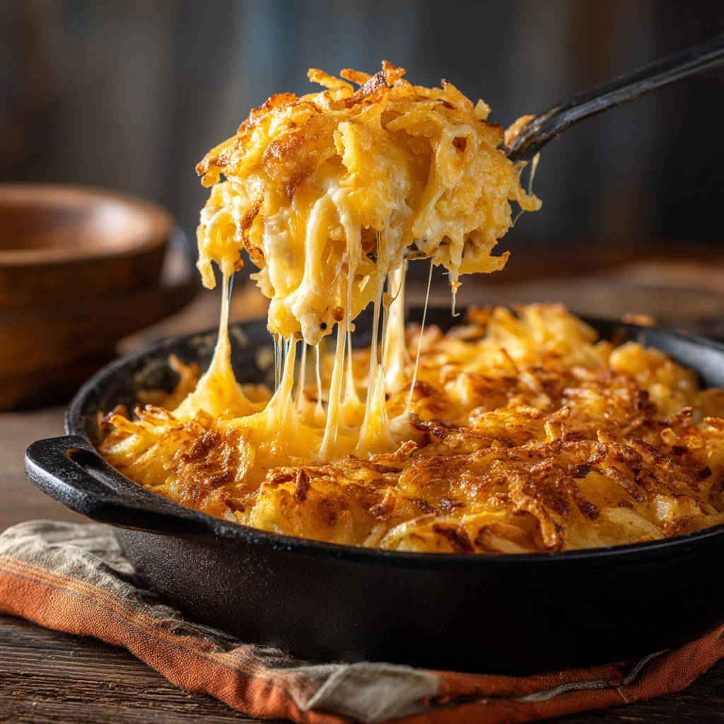 Cheesy hash brown bake with a utensil lifting a portion showing strings of melted cheese.