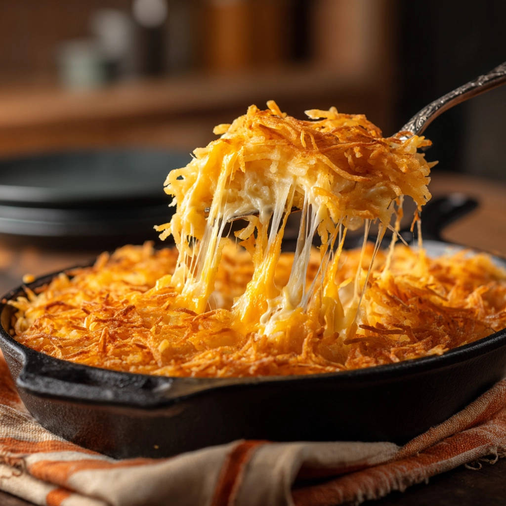 Cheesy hash brown bake featuring a fork lifting a portion with long, melty cheese strings stretching from the dish.