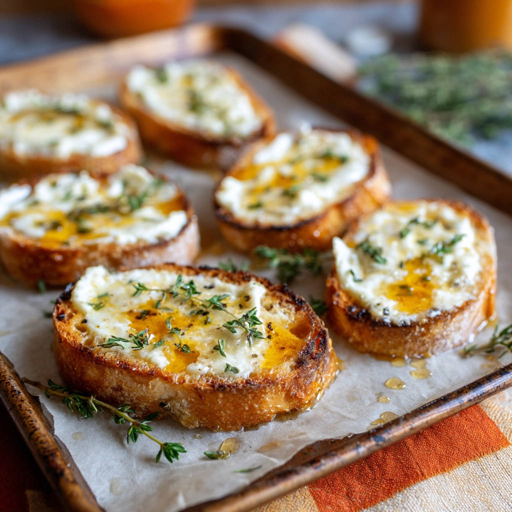 Cheesy honey crostini with golden baked slices drizzled in honey and topped with fresh thyme.