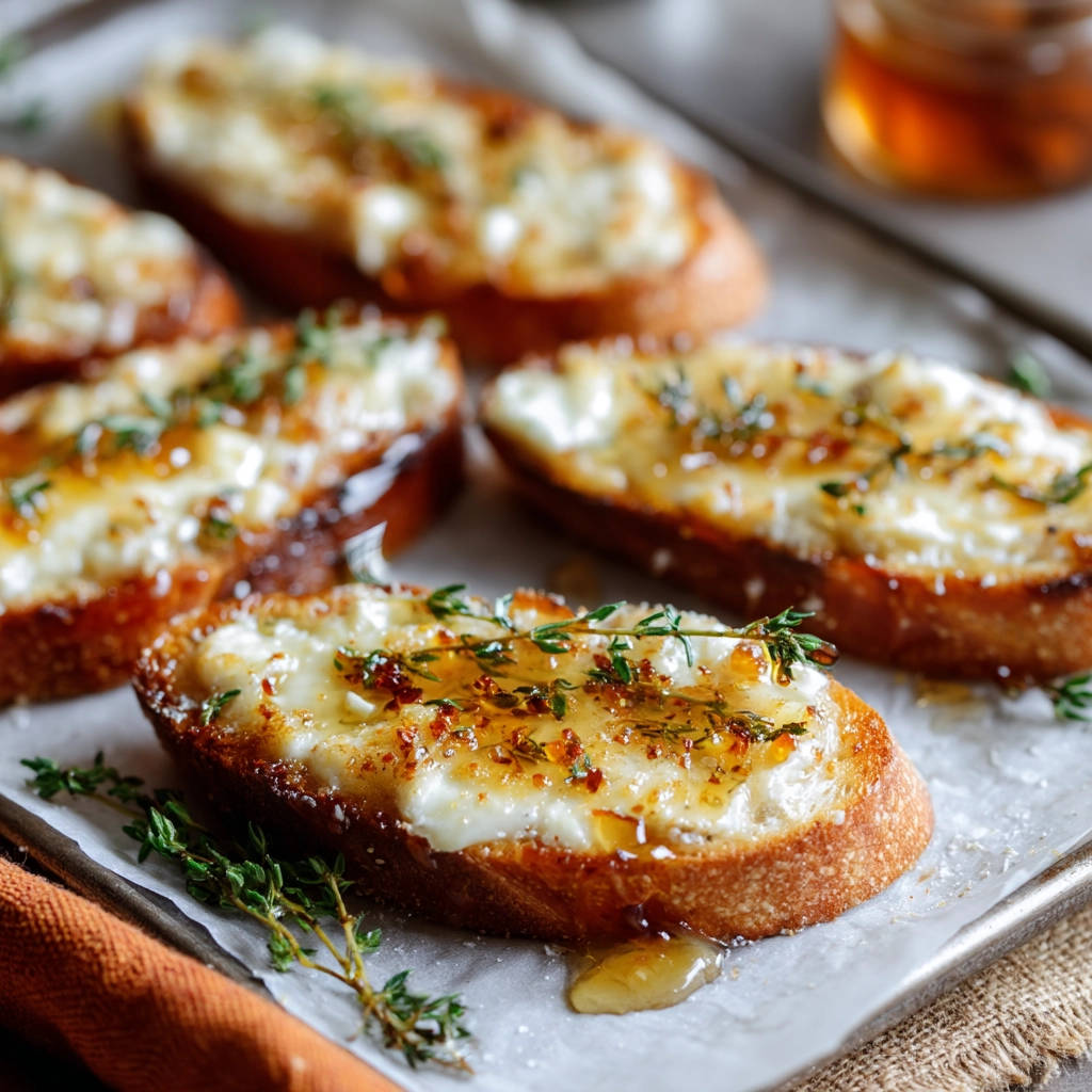 Cheesy honey crostini with a close-up view of drizzled honey and fresh thyme garnish.