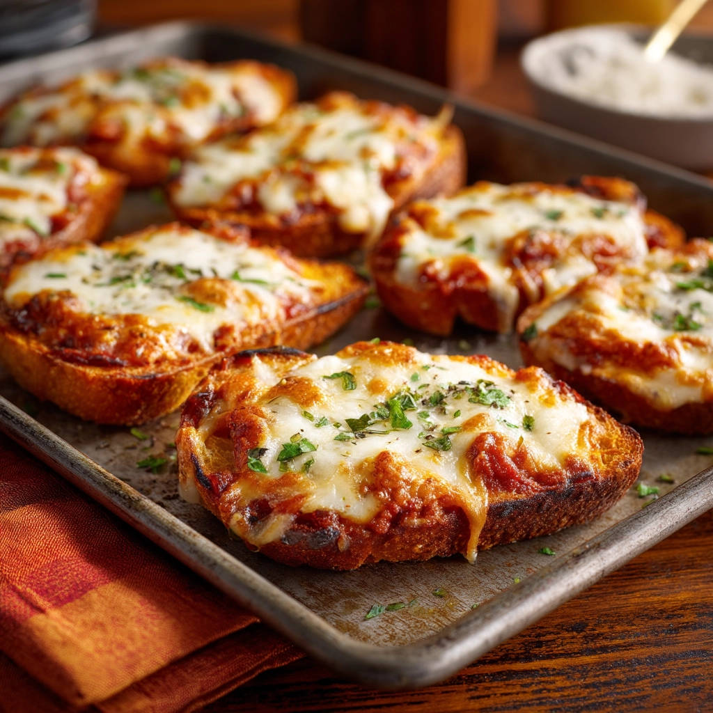 Cheesy pizza toast, a close-up view of several pieces freshly baked and topped with melted cheese and parsley.