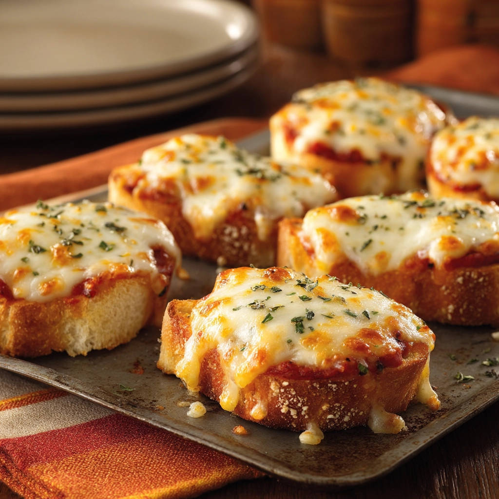 Cheesy pizza toast with melted cheese and a sprinkle of herbs, presented on a metal tray.