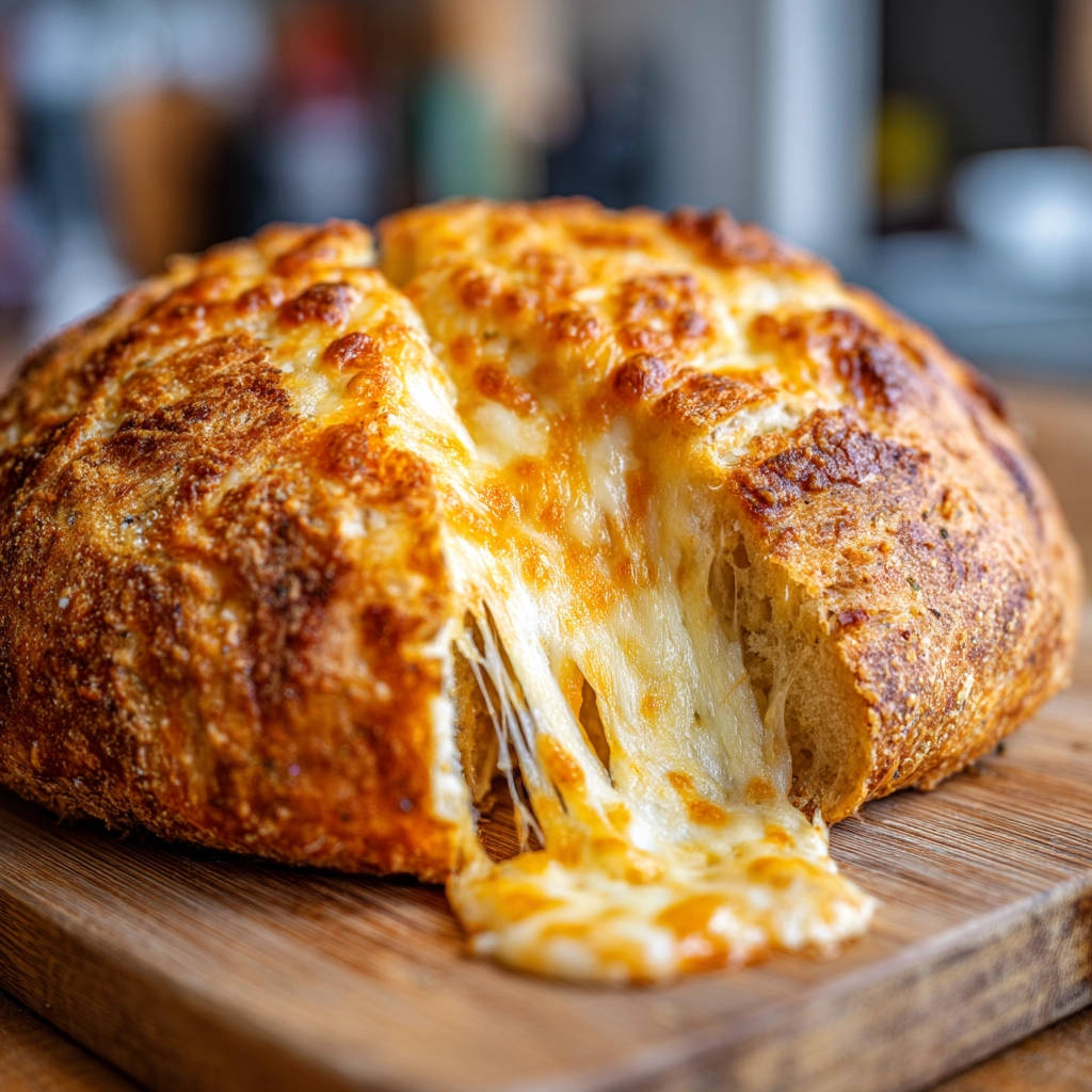 Cheesy pull-apart bread with a gooey cheese pull cascading from a freshly baked loaf.