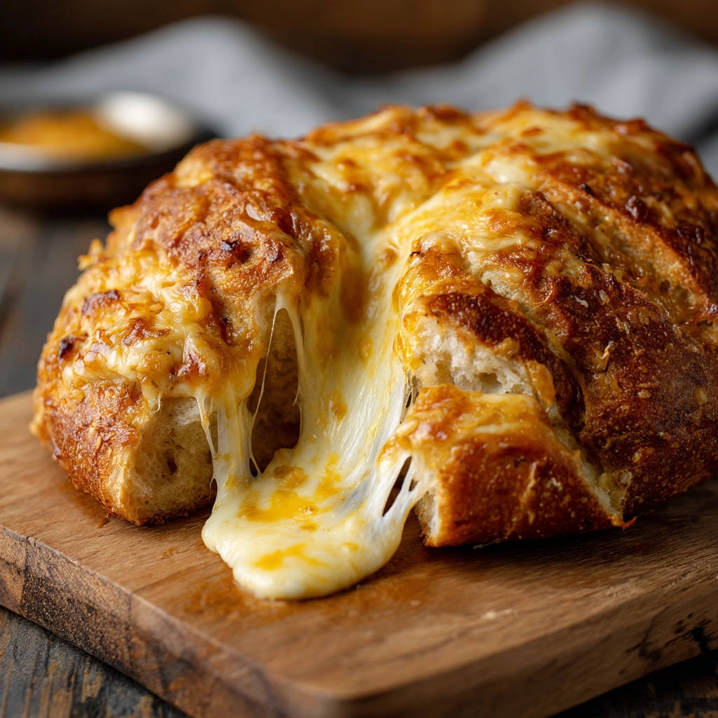 Cheesy pull-apart bread with an extreme cheese pull, showcasing melted cheese stretching from the loaf.