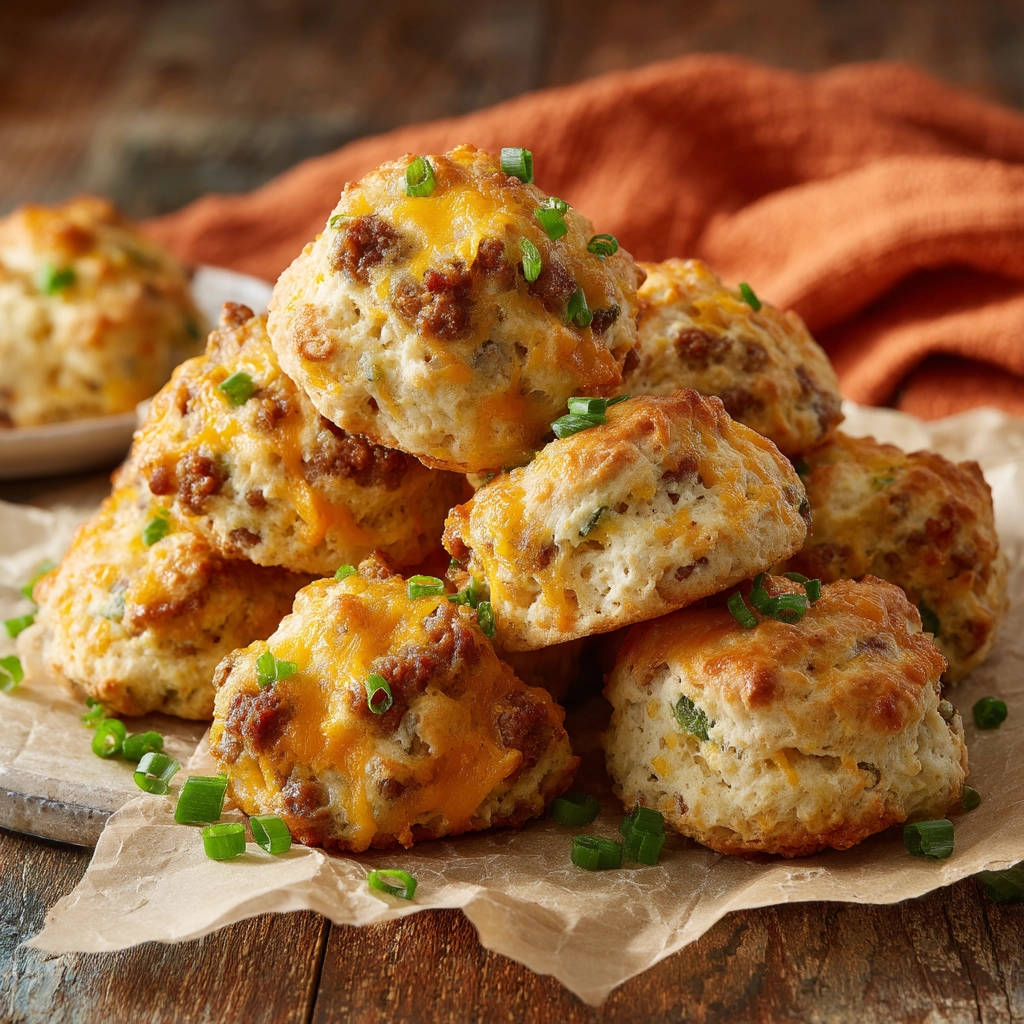 Cheesy sausage drop biscuits are garnished with fresh chopped green onions on a parchment-lined board.