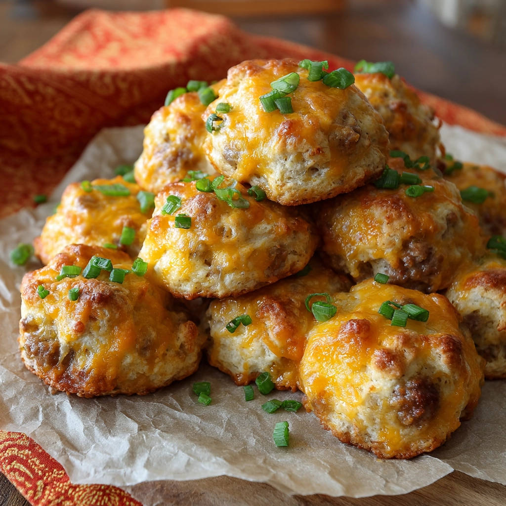 Cheesy sausage drop biscuits piled high and garnished with fresh green scallions, showcasing a golden-brown crust.