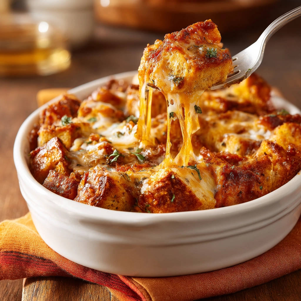 Cheesy savory bread bake with a forkful lifted, showing a long cheese pull and moist interior.