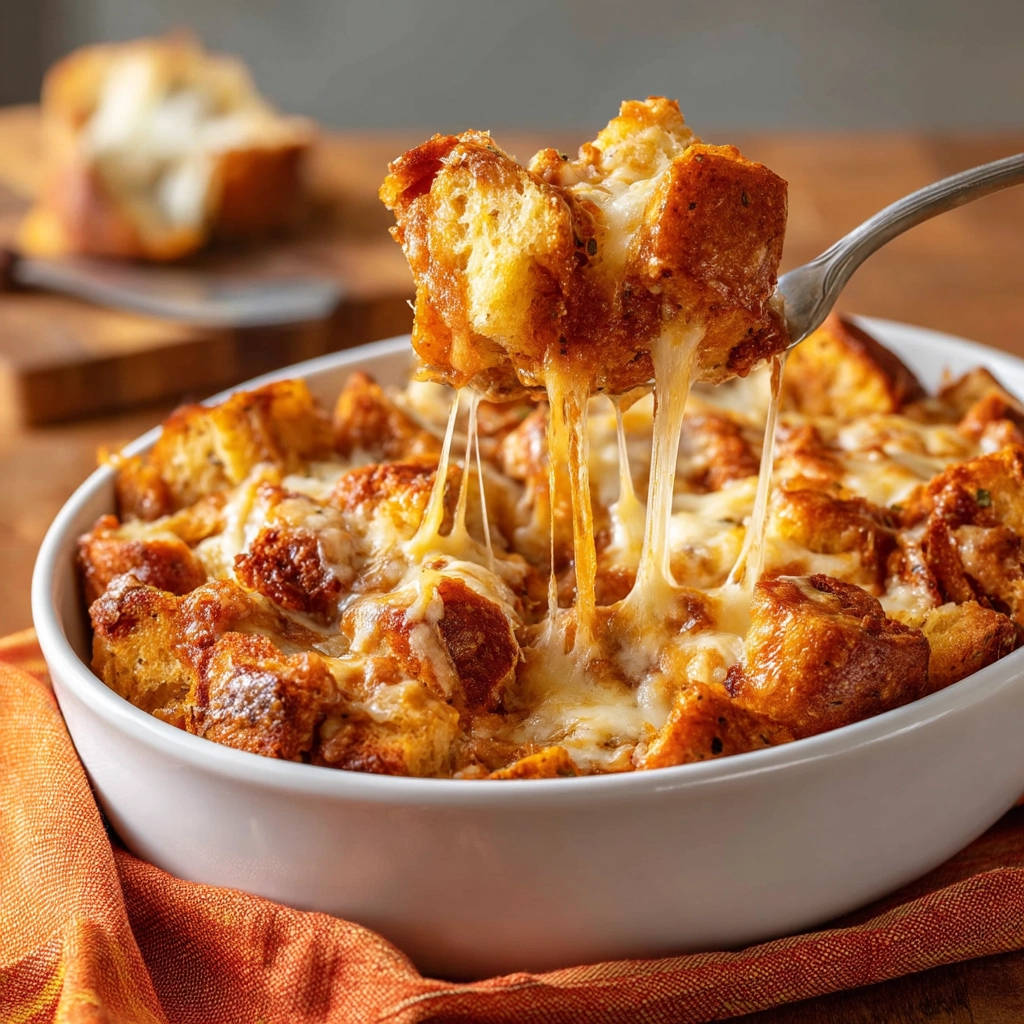 Cheesy savory bread bake with a fork lifting a piece revealing a gooey stringy cheese pull.