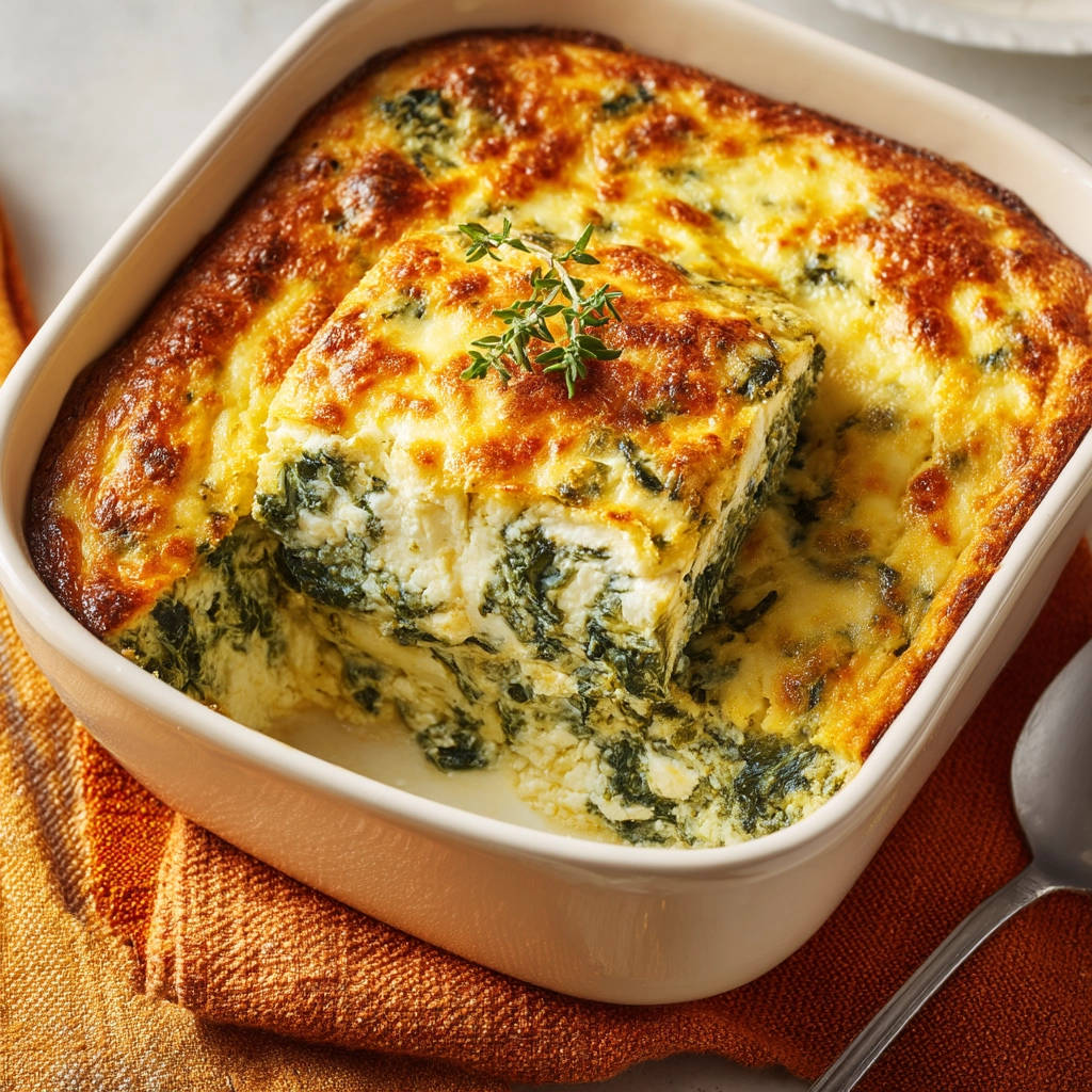 Cheesy spinach egg bake shown in a cross-section, revealing its fluffy interior and golden-brown top.