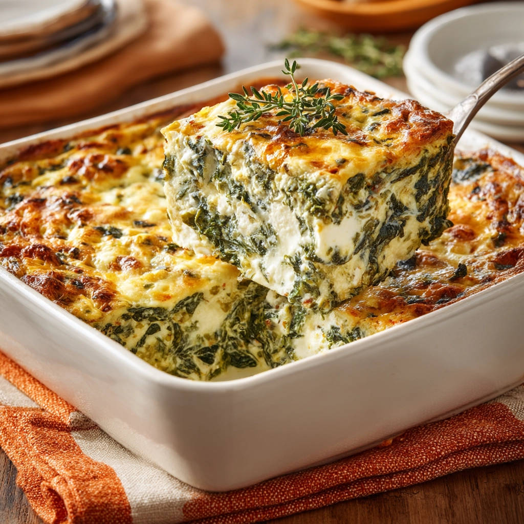 Cheesy spinach egg bake, a generous slice being lifted from the baking dish, showcasing its layered interior.