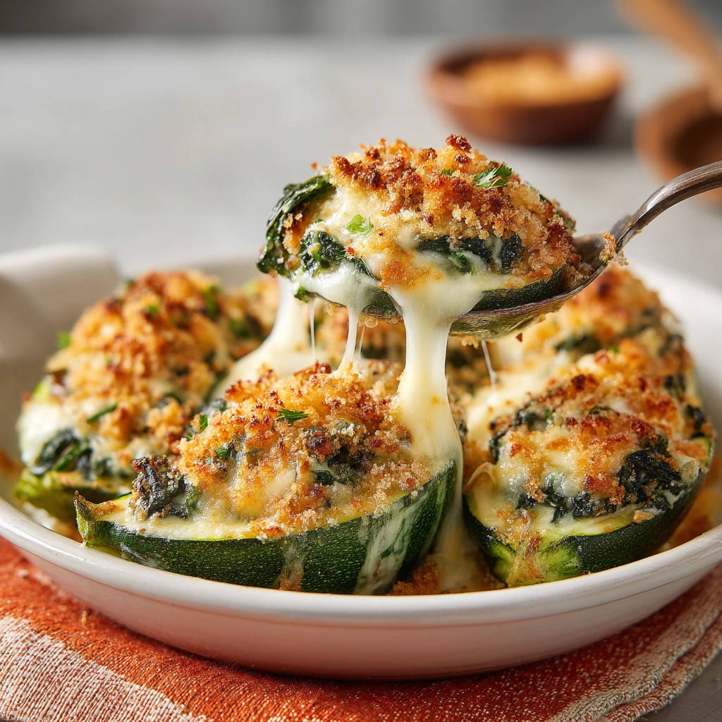 Cheesy stuffed zucchini boats with a gooey cheese pull being lifted by a spoon, showing a golden breadcrumb topping.