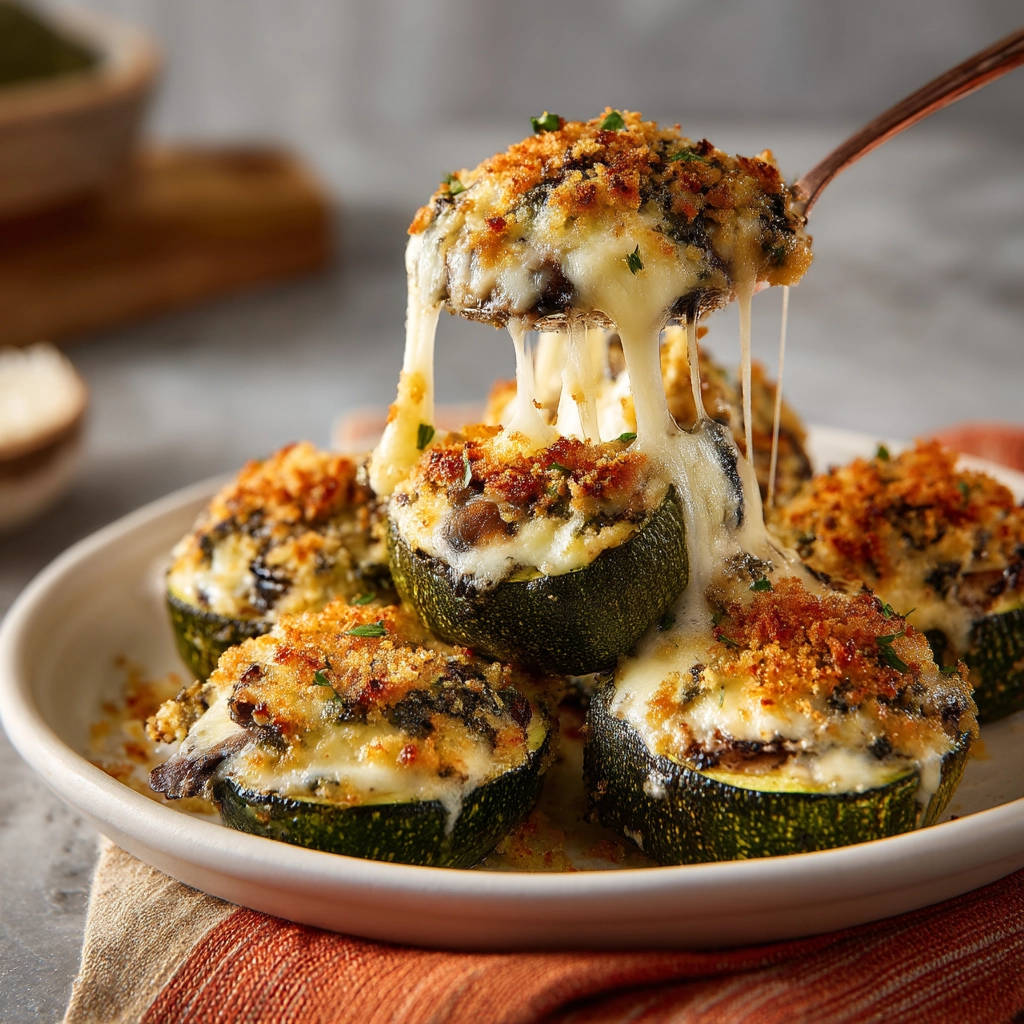 Cheesy stuffed zucchini boats with a gooey cheese pull being lifted by a spoon.