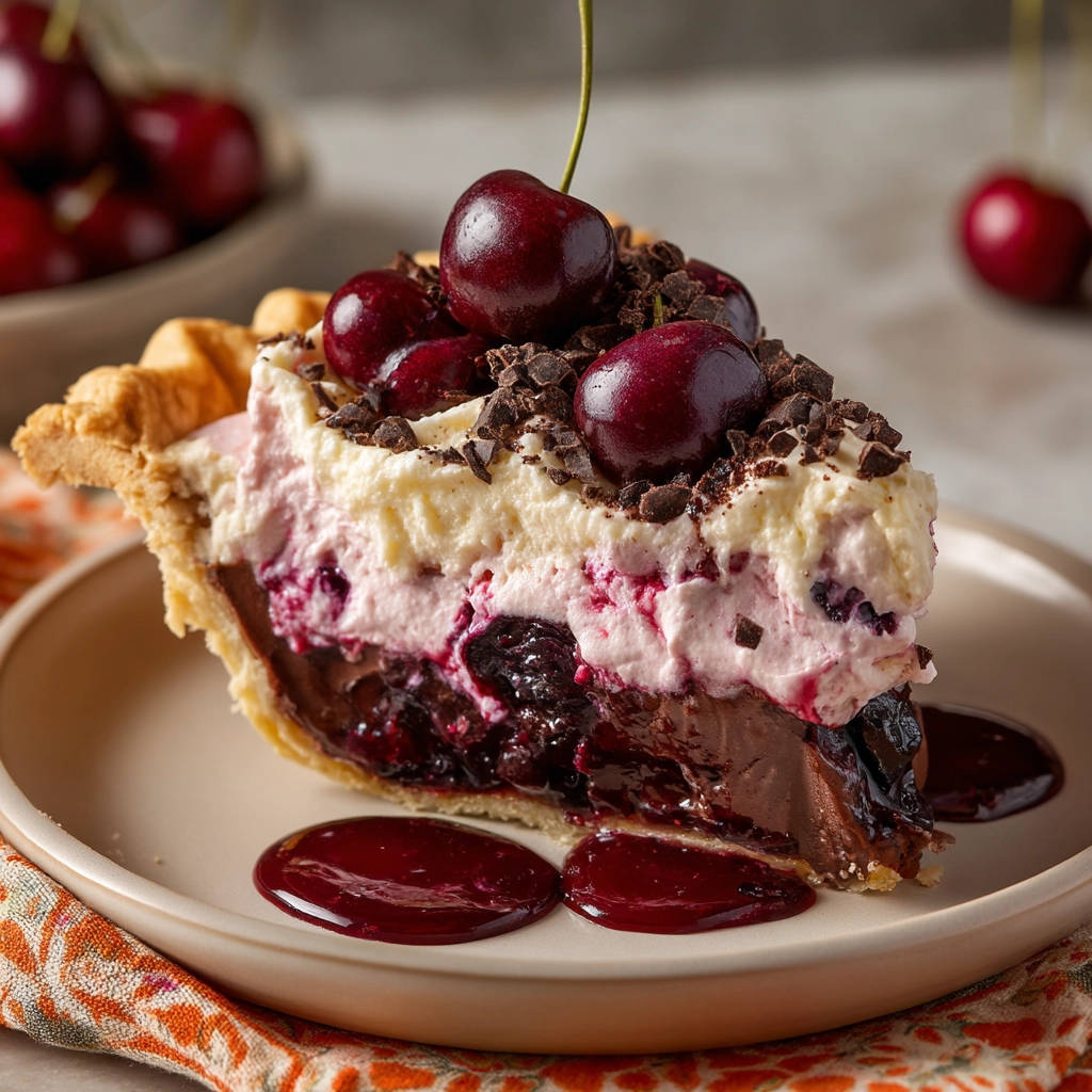 Cherry Chocolate Cream Pie, a cross-section slice showcasing layers of chocolate, cherry filling, and whipped cream topping.