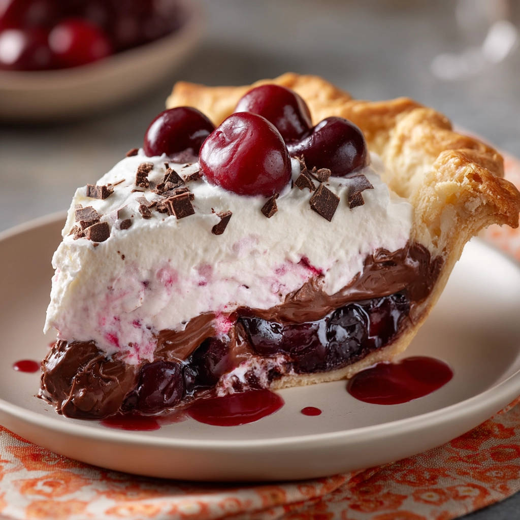 Cherry chocolate cream pie plated slice showing layers of chocolate, cherries, and whipped cream, topped with fresh cherries and chocolate shavings.