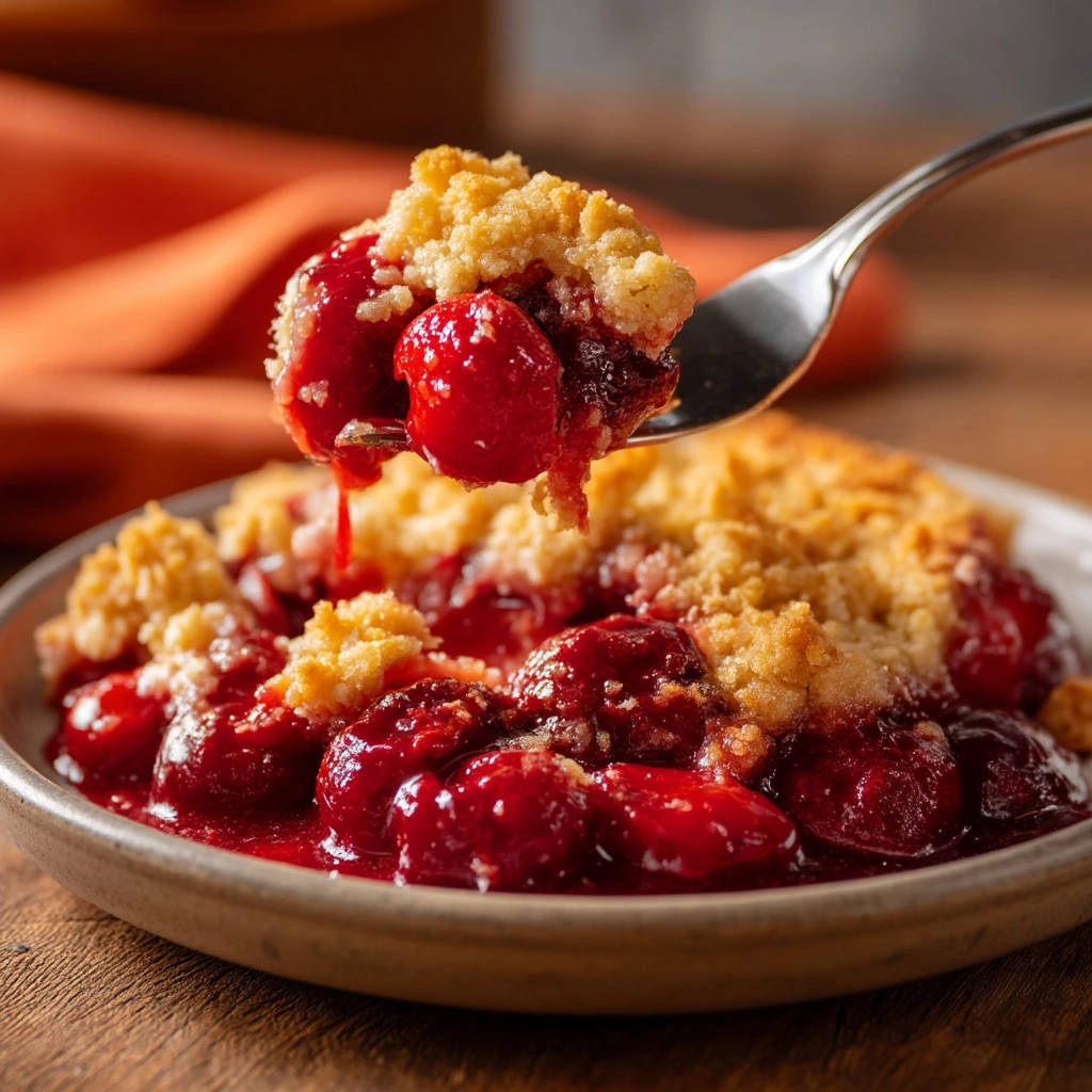 Classic Cherry Crumble with a spoonful being lifted, showing the juicy fruit and crumb topping.