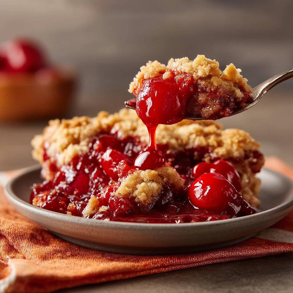 Classic cherry crumble with a spoonful of topping and filling dripping onto the plate.
