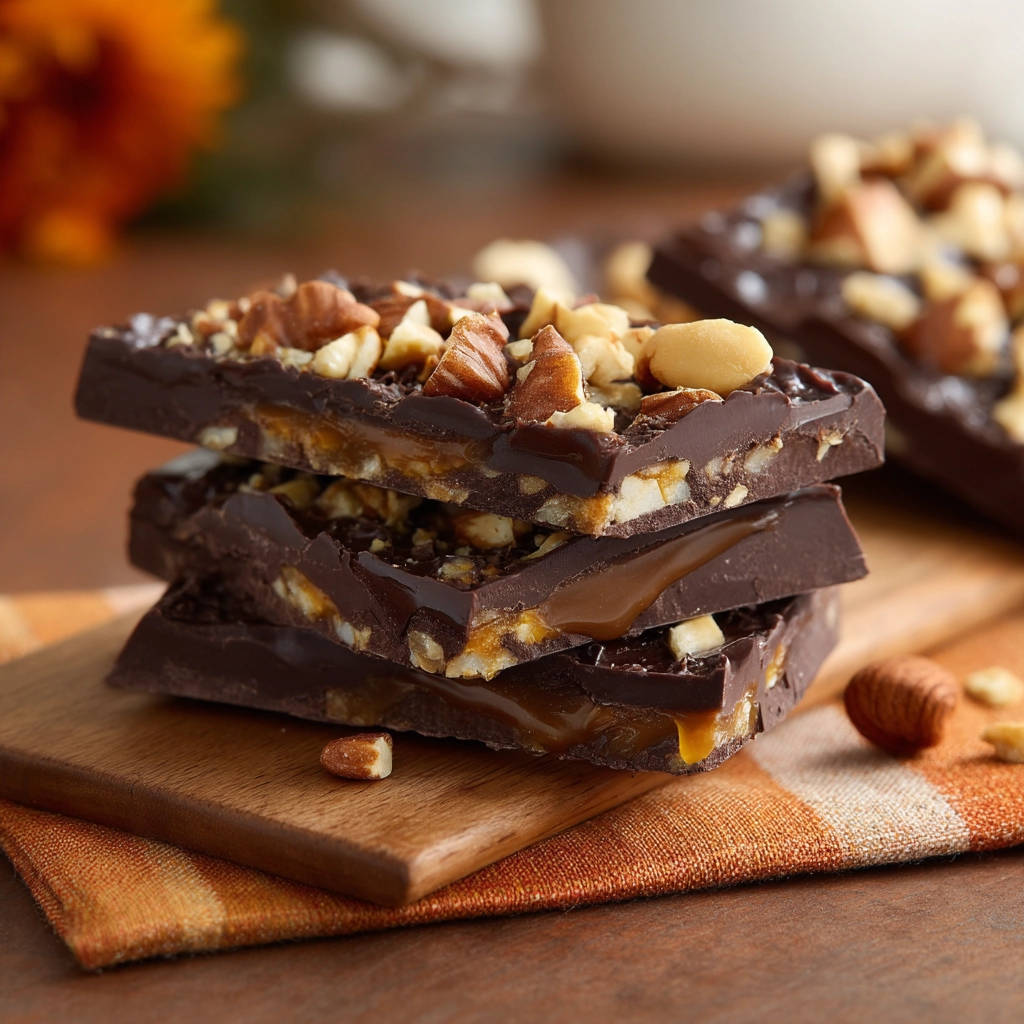Chewy chocolate caramel nut bark shown in a stack, revealing a gooey caramel interior and crunchy nuts.