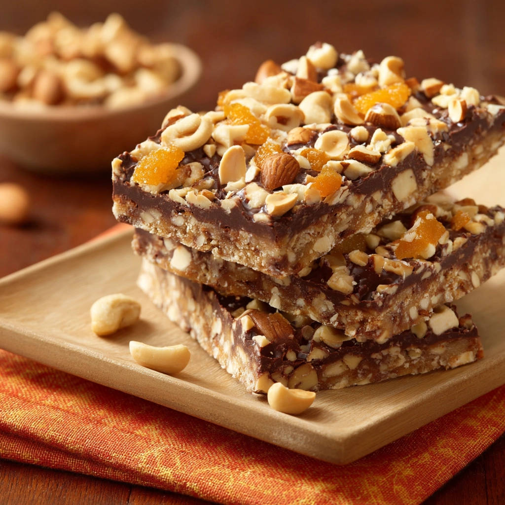 Chewy chocolate caramel nut bark shown as a stack of three bars with a close-up view of the crunchy nut and dried fruit topping.