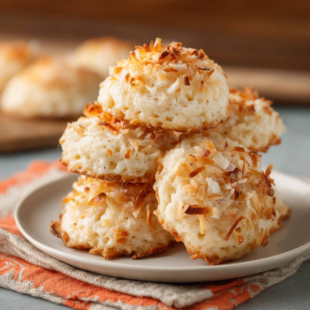 Guaranteed chewy coconut macaroons stacked on a plate, showing toasted coconut flakes on their exterior.
