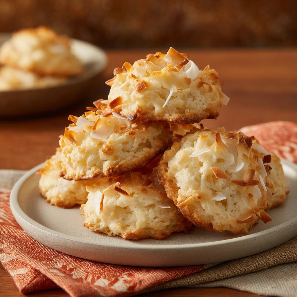 Guaranteed chewy coconut macaroons stacked on a plate, topped with toasted coconut flakes.
