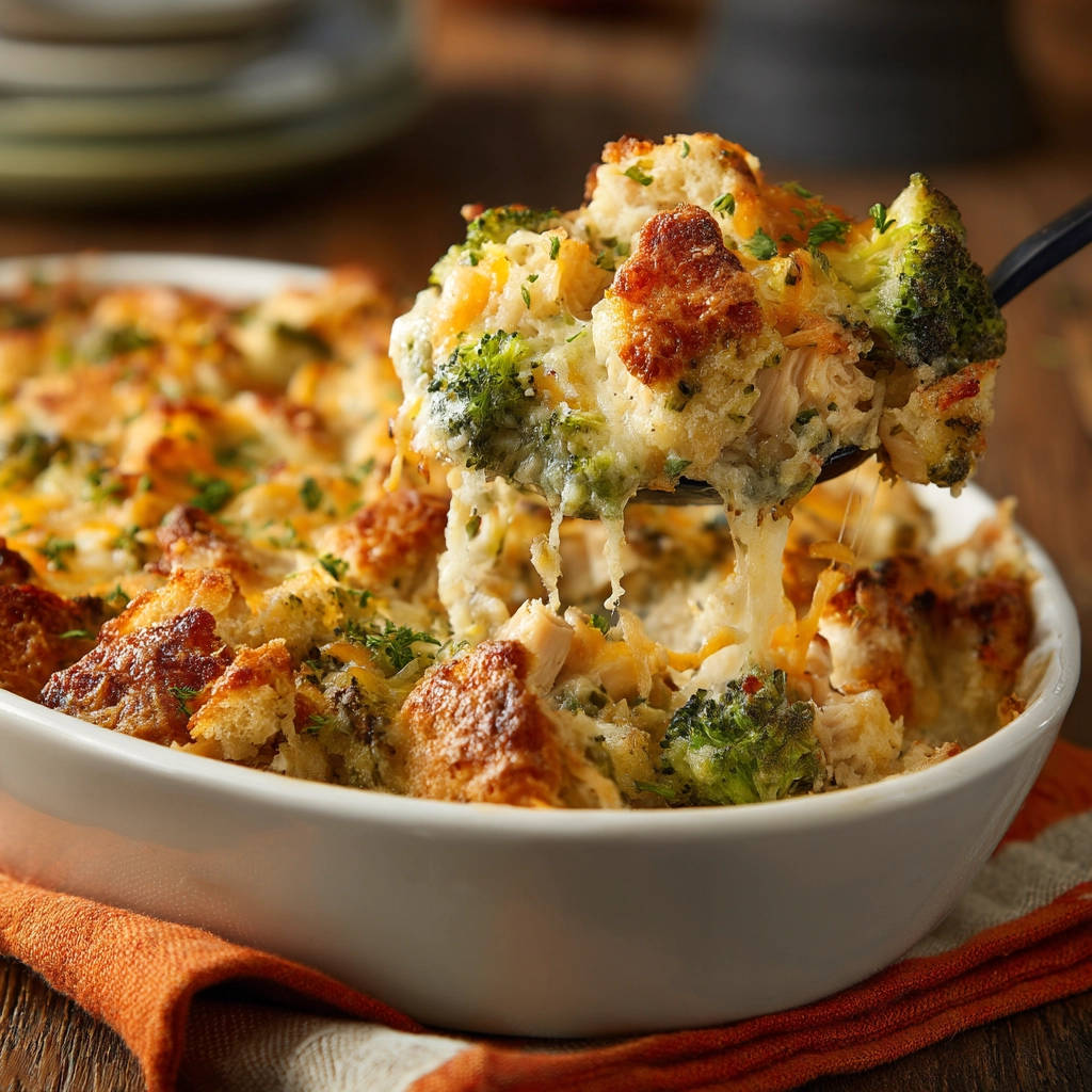 Crispy chicken and broccoli casserole being lifted from the dish, showing melted cheese and toasted bread.