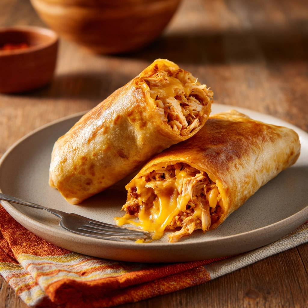 Crispy chicken chimichangas cut in half showing a generous filling of shredded chicken and melted cheese.