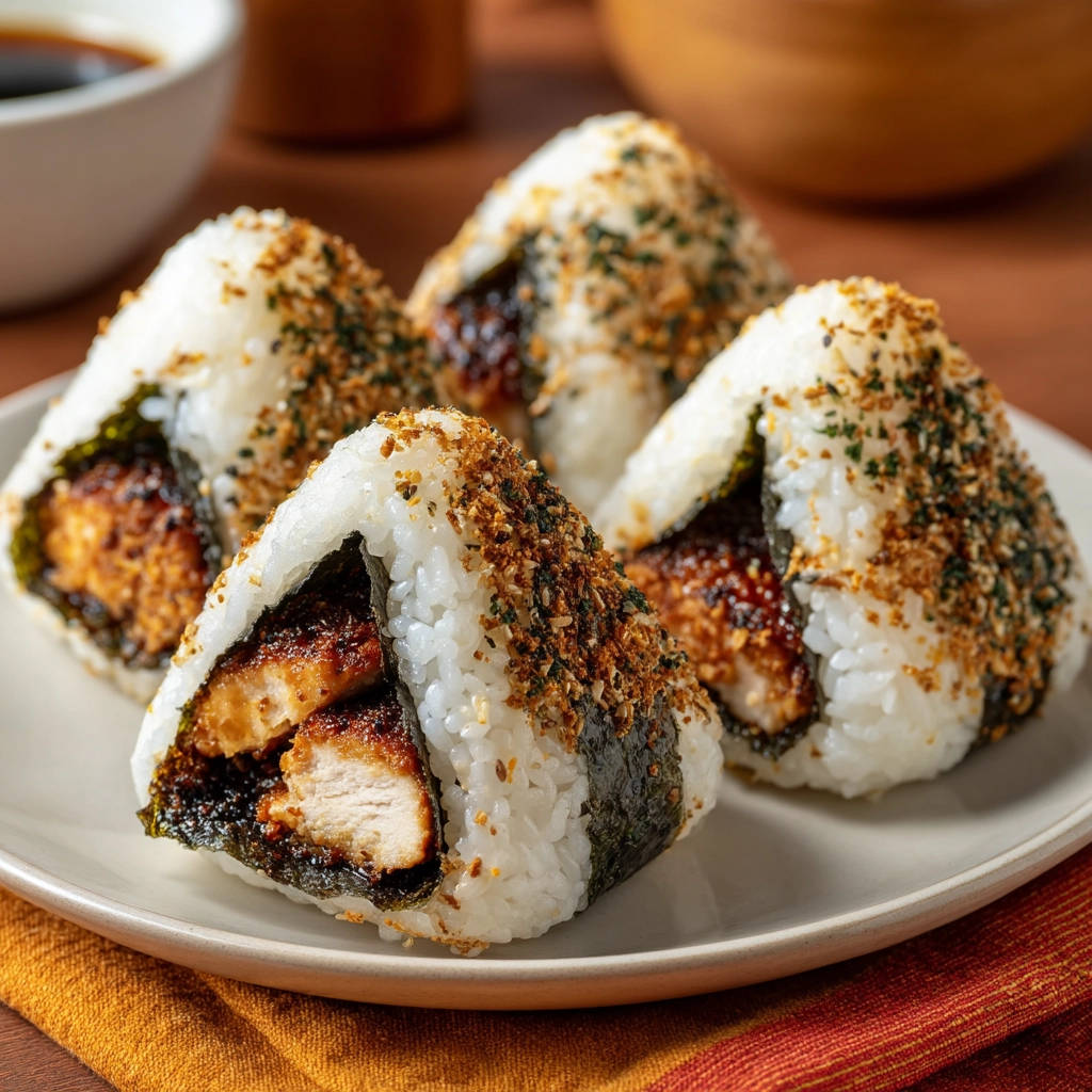 Easy chicken onigiri cross-section showing the savory filling and rice, garnished with seaweed and furikake.