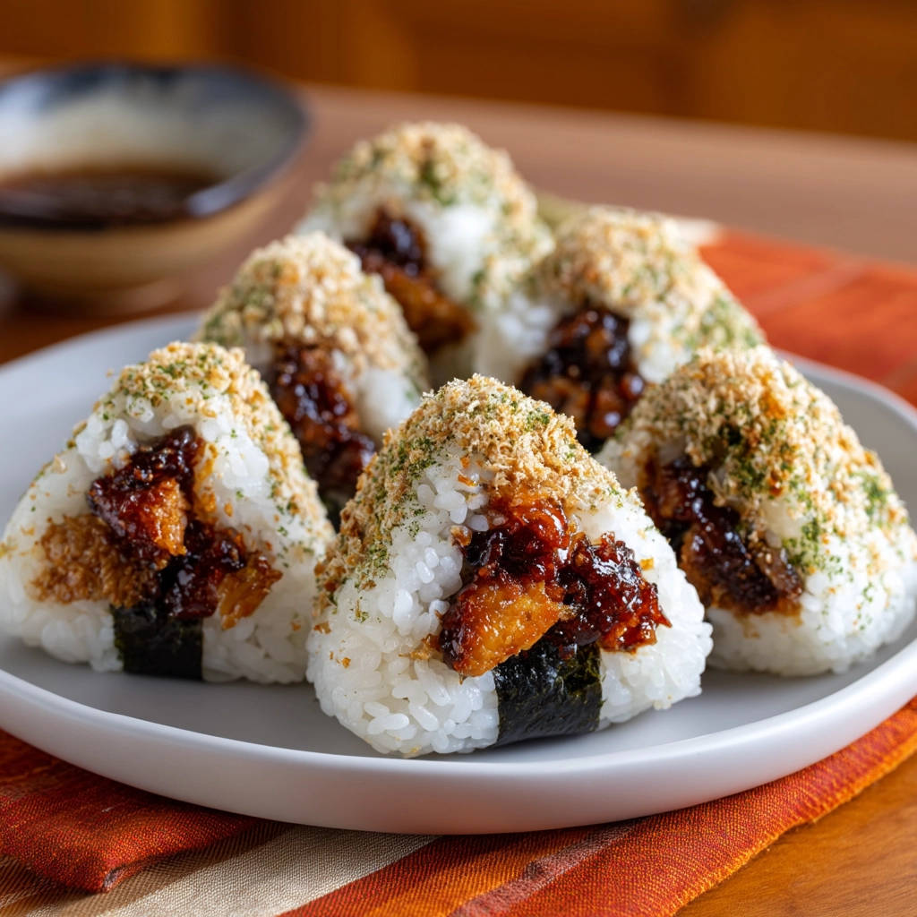 Easy chicken onigiri presented in a triangular formation on a white plate, coated with breadcrumbs and green flakes.