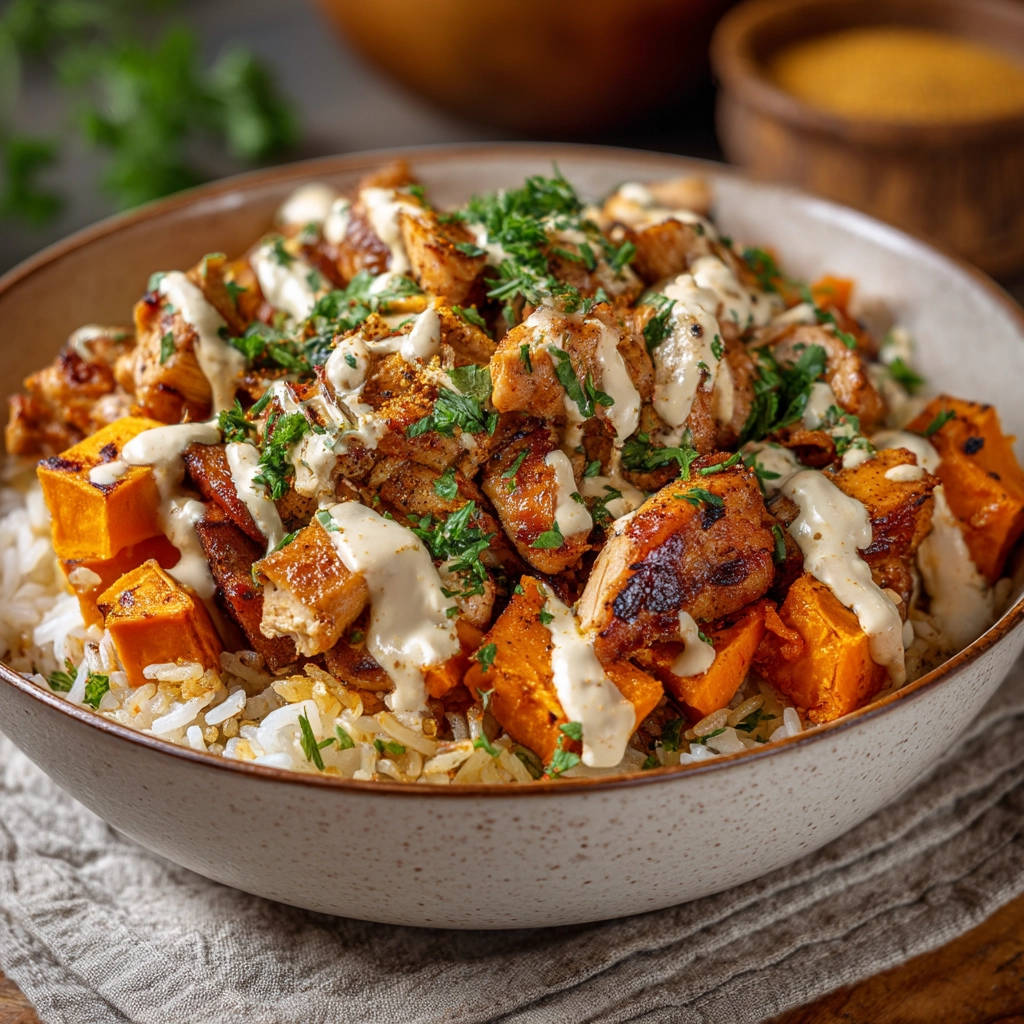 Chicken and sweet potato rice bowl with a creamy drizzle and fresh parsley garnish, shown in a close-up view.