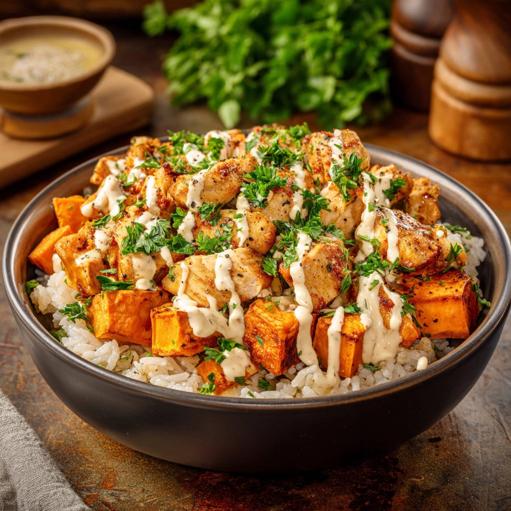 Chicken and sweet potato rice bowl drizzled with creamy sauce and garnished with fresh parsley