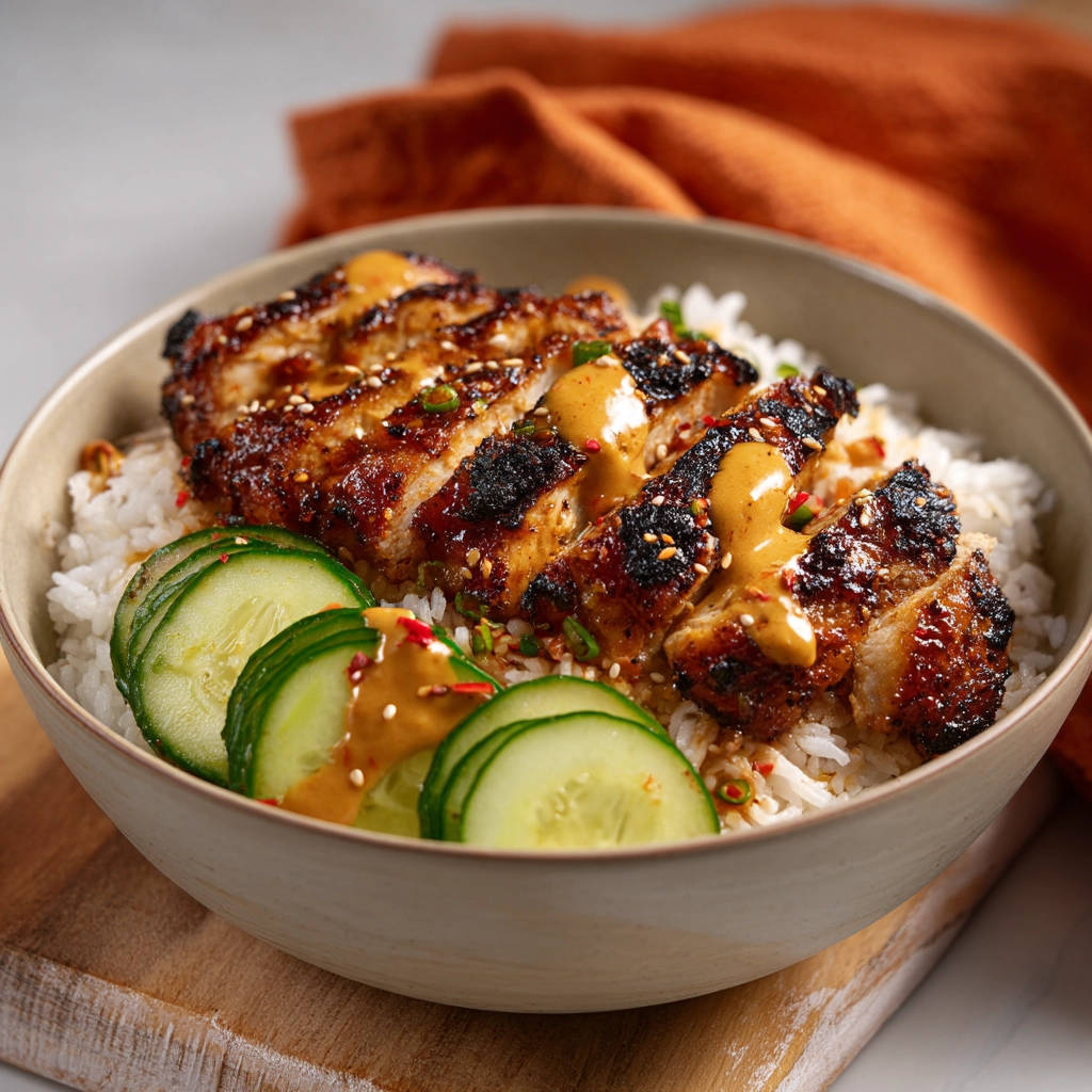 Speedy chicken teriyaki bowls served over white rice with sliced cucumbers and a savory sauce drizzle.