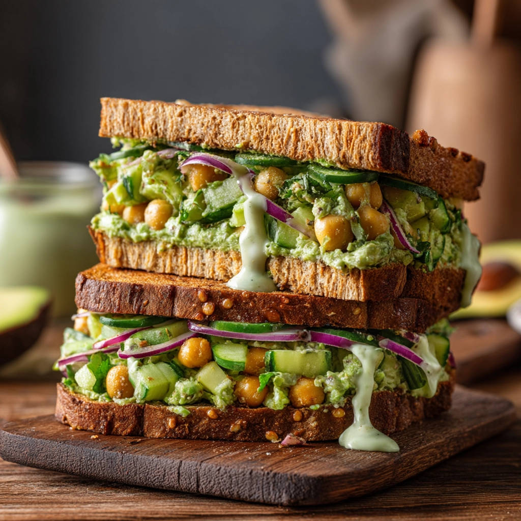Zesty chickpea avocado sandwich stacked high, showing a detailed cross-section of fresh ingredients and creamy avocado spread.