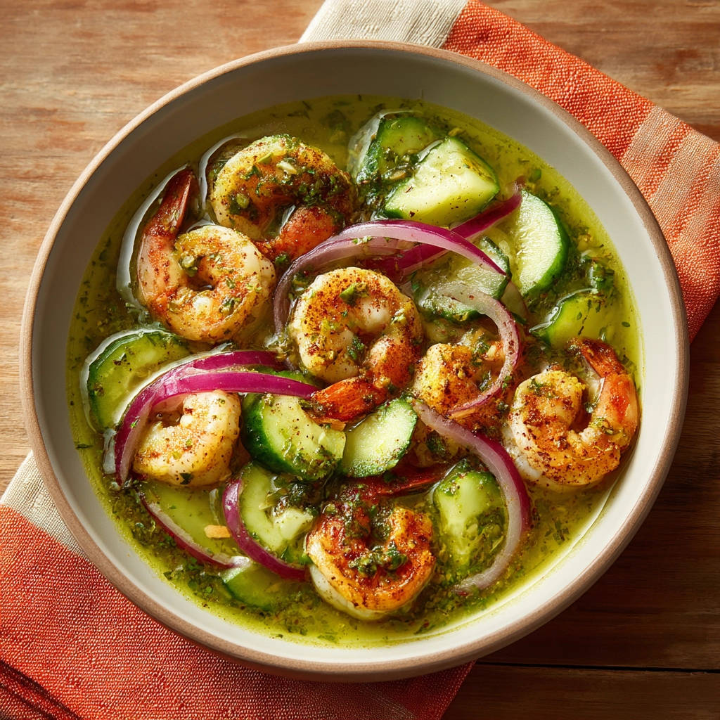 Chilled shrimp and cucumber bowl, a vibrant overhead view showcasing tender shrimp and fresh cucumber slices in a bright marinade.