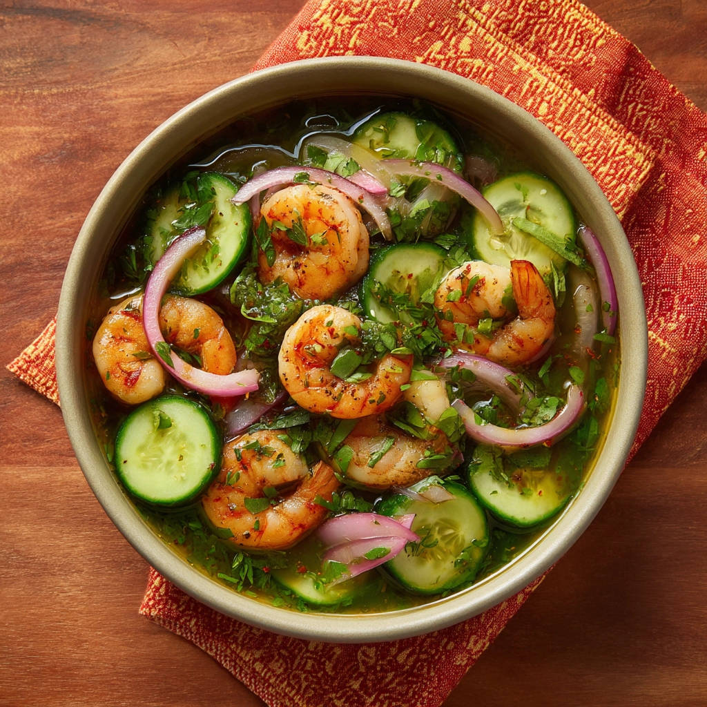 Chilled shrimp and cucumber bowl presented in a rustic bowl from an overhead perspective, showcasing fresh ingredients.