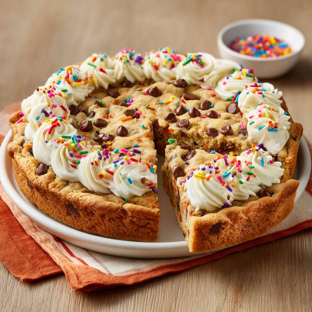 Chocolate chip cookie cake frosted with swirls of white icing and colorful sprinkles, with one slice removed to show the interior.