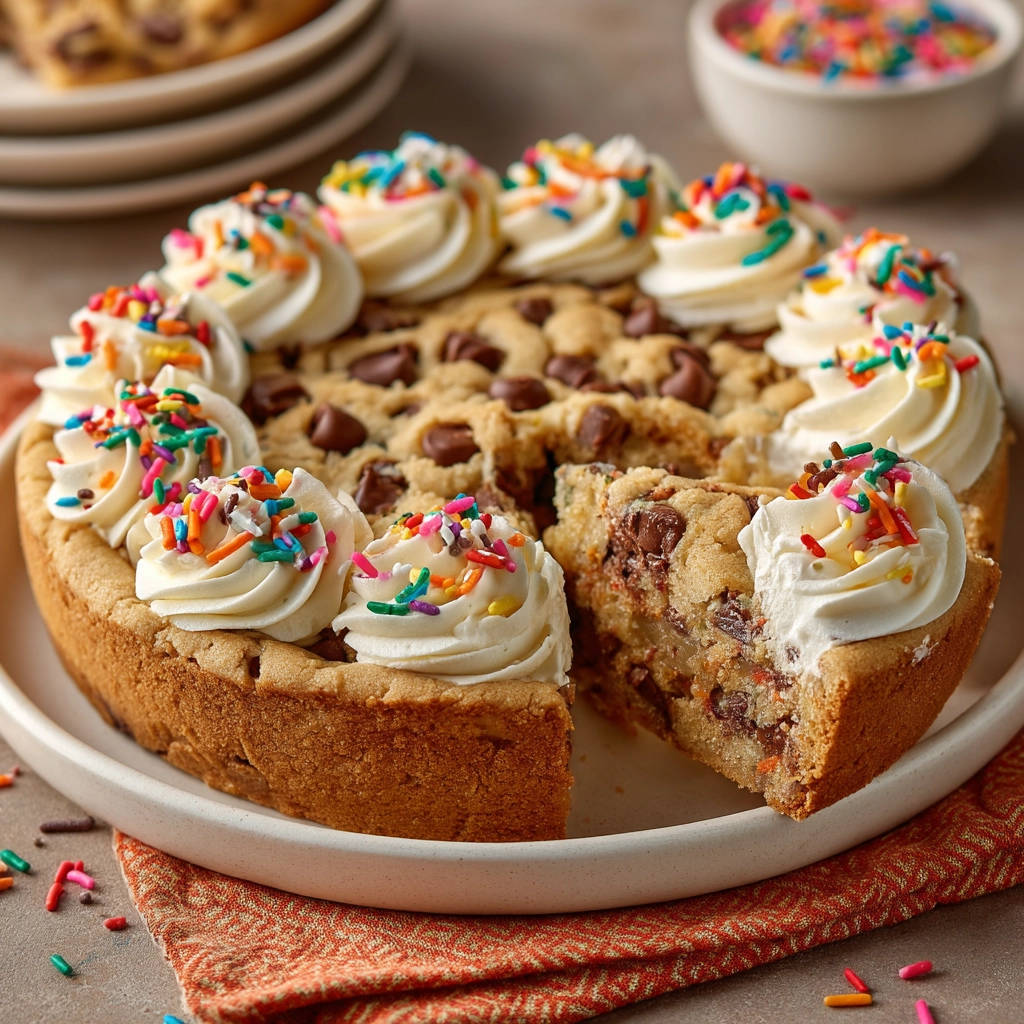 Perfect Soft &amp; Chewy Chocolate Chip Cookie Cake with a slice removed, showing frosting and sprinkles.