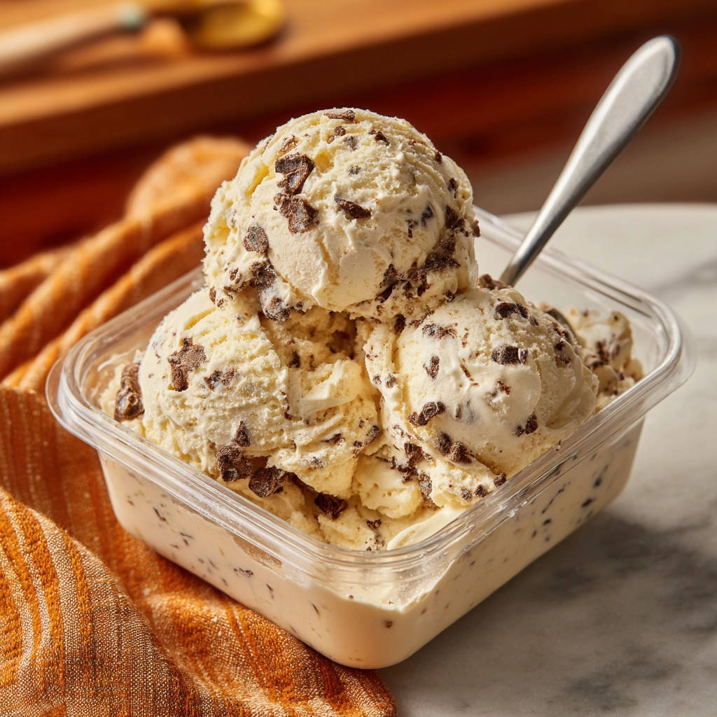 Homemade chocolate chip ice cream scoops piled high in a clear container with a spoon.
