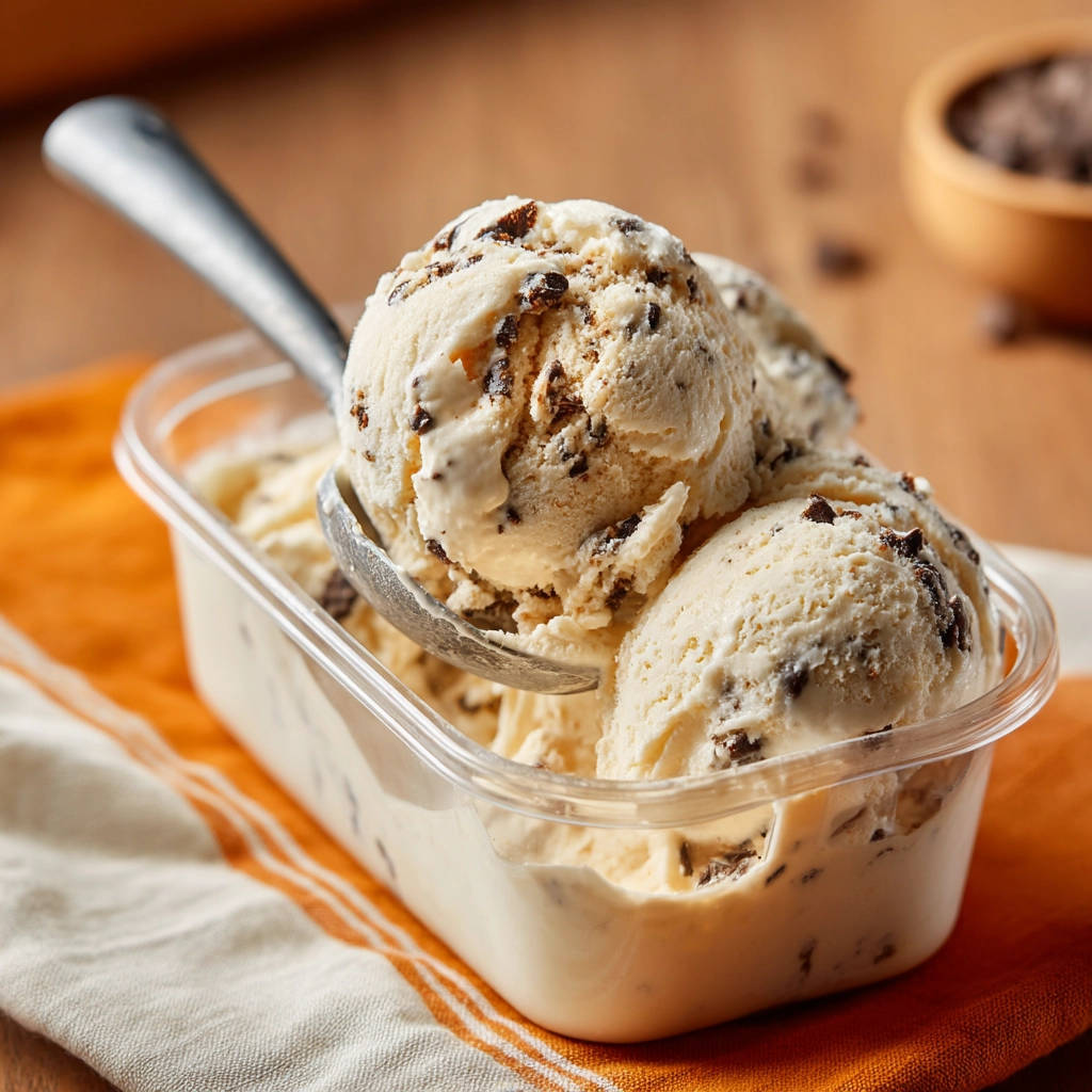 Homemade chocolate chip ice cream scoops being served from a clear container with a metal spoon.