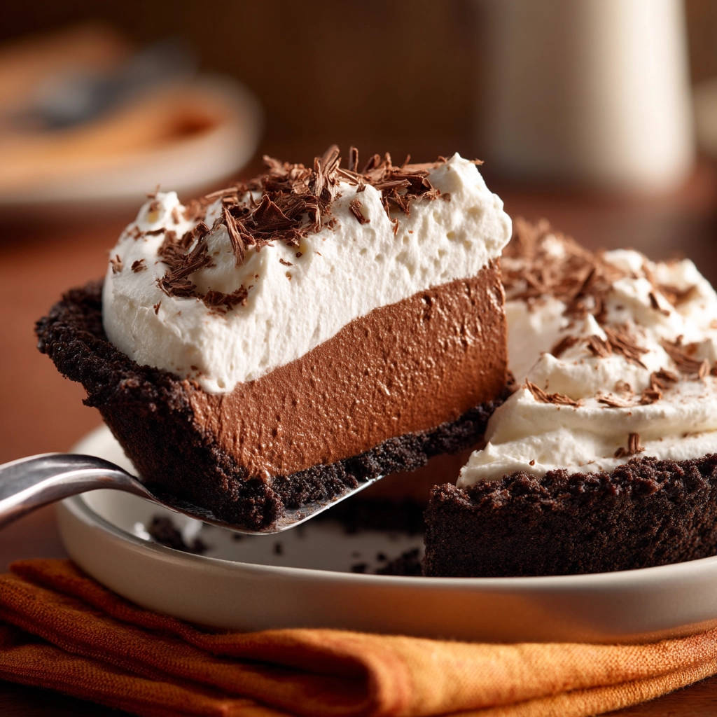 Rich chocolate cream pie slice showing a detailed cross-section with whipped cream topping and chocolate shavings.