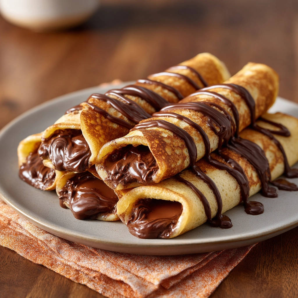 Easy chocolate crepes with a close-up view of the rich chocolate filling oozing out.