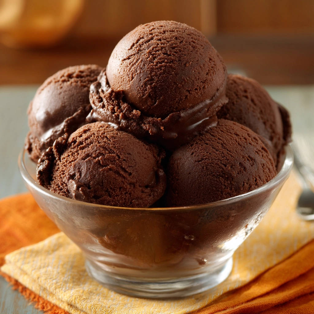 Simple homemade chocolate ice cream scoops piled high in a clear glass bowl, showcasing its rich texture.