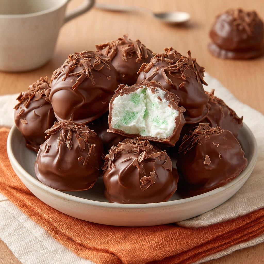 Chocolate mint cream truffles cross-section showing the fluffy white and green mint filling coated in chocolate and topped with shavings.