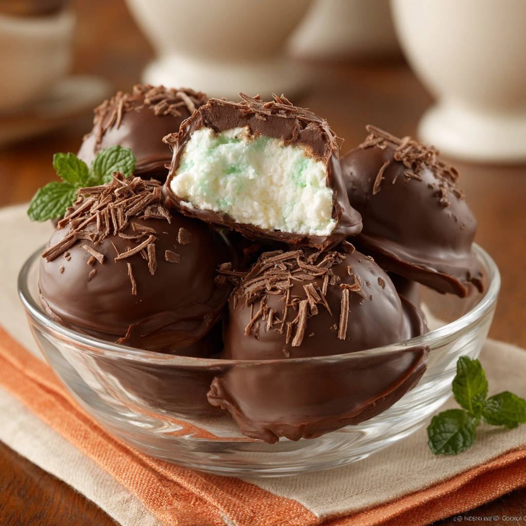 Chocolate mint cream truffles, one truffle cut in half to reveal its creamy mint and white center, garnished with chocolate shavings.