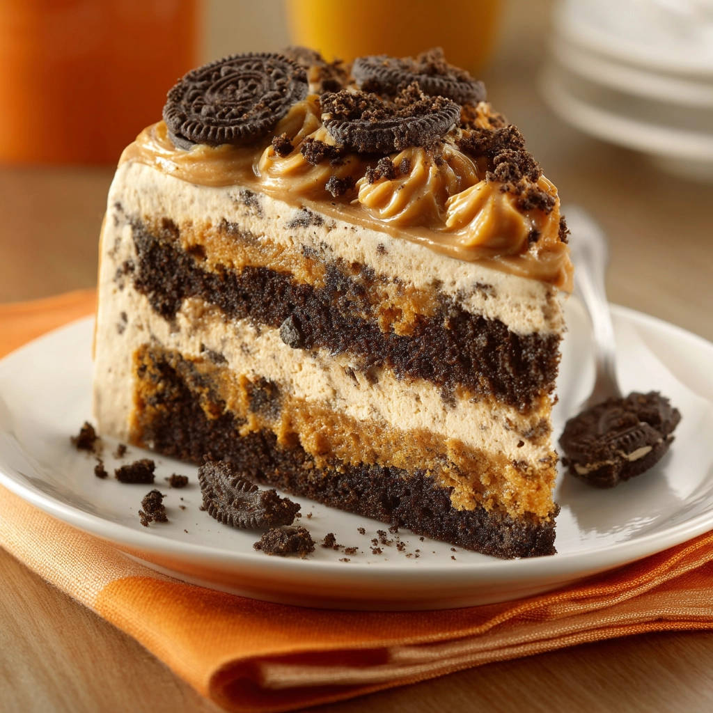 Chocolate peanut butter cookie cake, a moist slice revealing layers and cookie crumbles on a white plate.