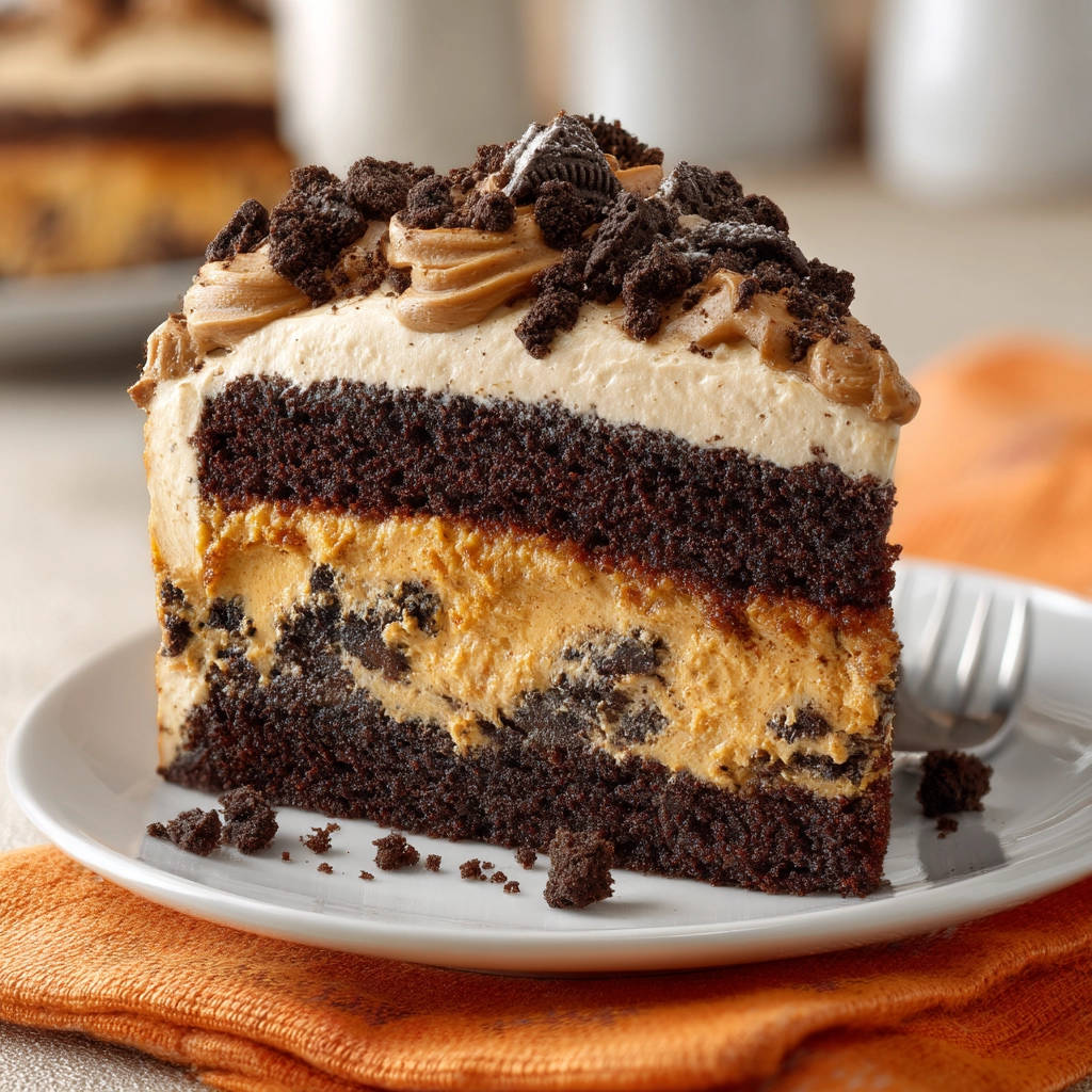 Chocolate peanut butter cookie cake, a moist slice showcasing layers of cake, peanut butter filling, and cookie crumbles.