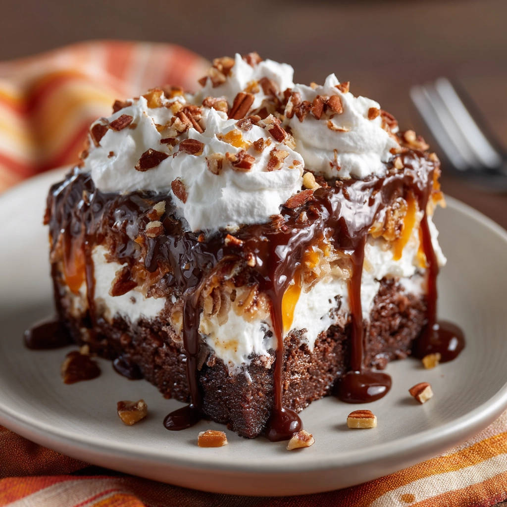 Decadent chocolate pecan layered dessert shown as a plated cross-section with whipped cream and chocolate drizzle.